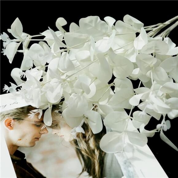 3Pcs Artificial Eucalyptus Leaves with White Flowers and Stems - Picture 3 of 7